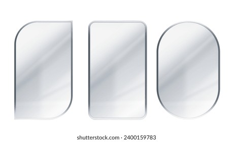 realistic mirrors. Round and square reflective glass surface with metal frames. Interior design vector template