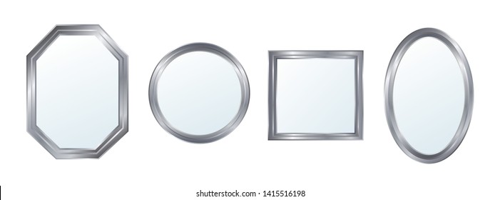 Realistic mirrors set with blurry reflection of diverse shapes. Vector silver mirror frames or mirror interior decor vector illustration