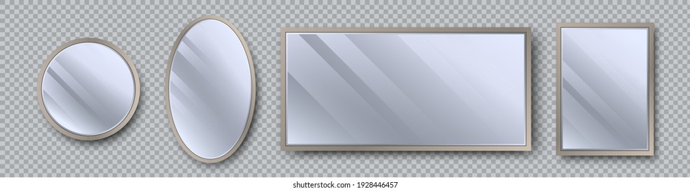 Realistic mirrors set with reflection on glass. Geometrical mirror with frame in different shapes - circle, oval, rectangle, square. Reflecting glass surfaces. 3d template design for decor interior