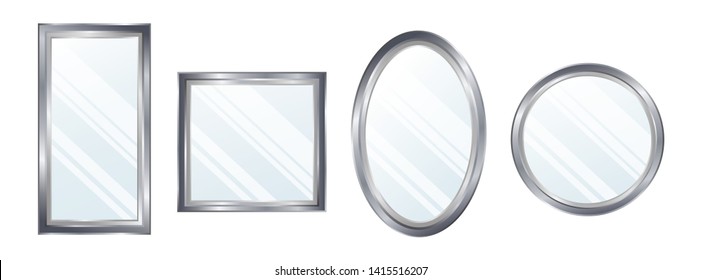 Realistic mirrors set. Reflective mirror surface in silver frame, mirroring glass decor interior vector illustration