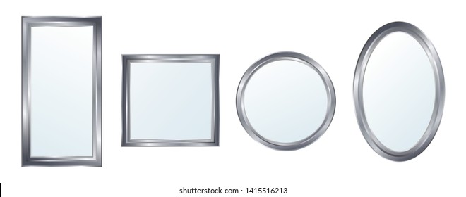 Realistic mirrors set. Reflective mirror surface in silver frame, mirroring glass decor interior vector illustration