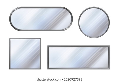 Espelhos realistas definidos. Vetor redondo e quadrado, elipse e retângulo superfície de vidro reflexivo com molduras de madeira ou metálicos. Design para móveis de parede interior, coleção de decoração de casa