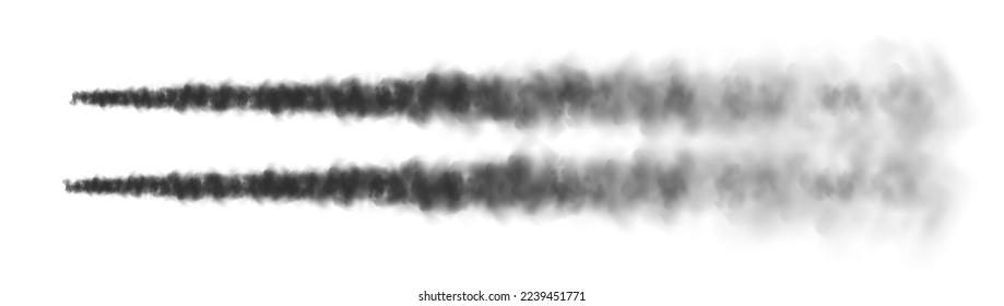 Realistic missile or bullet trace. Airplane condensation trail, jet aircraft track. Space rocket launch. Black smoke clouds, explosion. Steam flow. Vector illustration