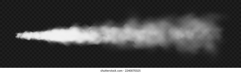 Realistic missile or bullet trace. Airplane condensation trail, jet aircraft track. Space rocket launch. White smoke clouds, fog. Steam flow. Vector illustration