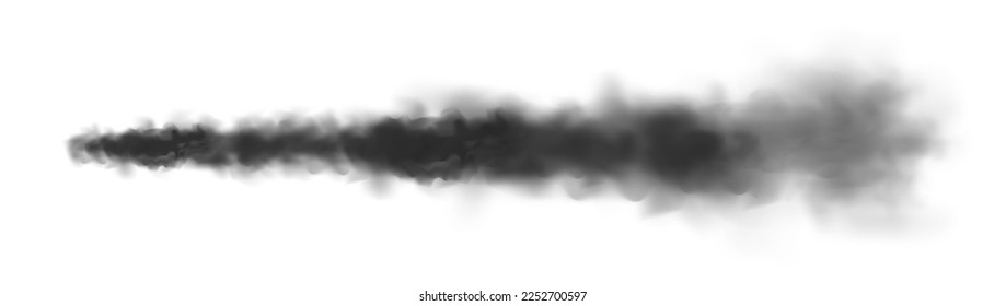 Realistic missile or bullet trace. Airplane condensation trail, jet aircraft track. Space rocket launch. Black smoke clouds, explosion. Steam flow. Vector illustration