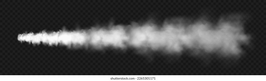 Realistic missile or bullet trace. Airplane condensation trail, jet aircraft track. Space rocket launch. White smoke clouds, fog. Steam flow. Vector illustration
