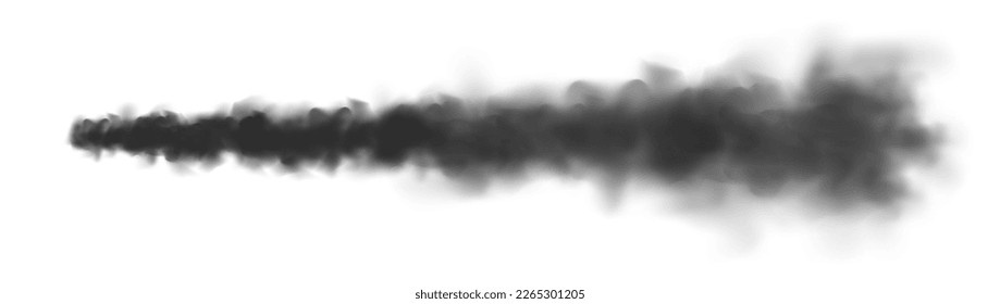 Realistic missile or bullet trace. Airplane condensation trail, jet aircraft track. Space rocket launch. Black smoke clouds, explosion. Steam flow. Vector illustration