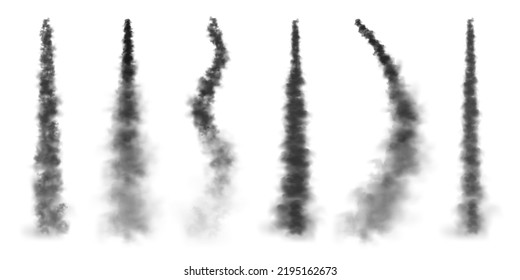 Realistic missile or bullet trail. Airplane condensation trails, jet aircraft tracks. Space rocket launch. Black smoke clouds, explosion. Steam flow. Vector illustration