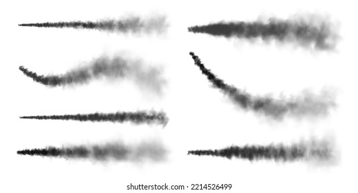 Realistic missile or bullet trail. Airplane condensation trails, jet aircraft tracks. Space rocket launch. Black smoke clouds, explosion. Steam flow. Vector illustration