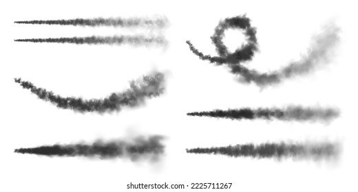 Realistic missile or bullet trail. Airplane condensation trails, jet aircraft tracks. Space rocket launch. Black smoke clouds, explosion. Steam flow. Vector illustration