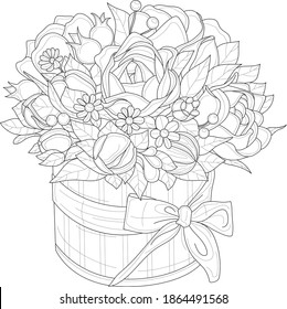 Realistic mix flower bouquet with rose, peony small flower, leafs and berrries in box with bow sketch template. Cartoon vector illustration in black and white. Coloring paper, page, story book, print