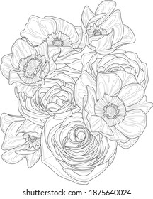 Realistic mix flower bouquet with roses and poppy sketch template. Cartoon vector illustration of peony in black and white for game, background, pattern, decor. Coloring paper, page, story book, print