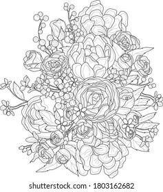 Realistic mix flowers bouquet with roses, peony and small berries and flowers sketch. Vector illustration in black and white for games, background, pattern, decor. Print for fabrics.  Coloring paper