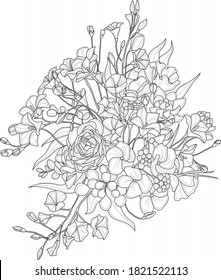 Realistic mix flowers bouquet with roses and small leafs sketch. Vector illustration in black and white for games, background, pattern, decor. Print for fabrics. Coloring paper, page, story book