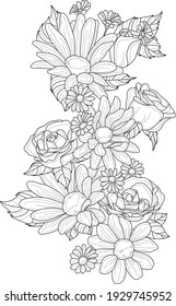 Realistic mix flowers bouquet with roses, camomile flowers and gerbera daisy sketch template. Vector illustration in black and white with small flowers for games, pattern. Coloring paper, page, book