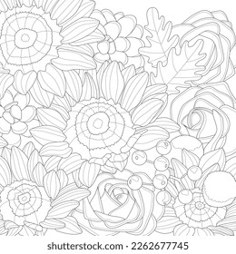 Realistic mix flowers bouquet with roses, small berries and sunflowers sketch template. Graphic vector illustration in black and white for games, background, pattern, decor. Coloring paper, page, book
