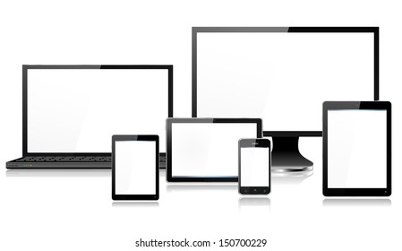 Dispositivos móviles y informáticos realistas con portátil, pantalla de monitor, tableta en estilo ipade, mini tableta y smartphone - cada dispositivo agrupado en una capa independiente, reflecciones, EPS10