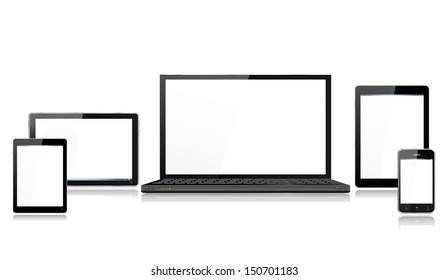 Realistic Mobile Computer Devices with laptop, tablet, mini tablet and smartphone each device grouped on a separate layer with reflections