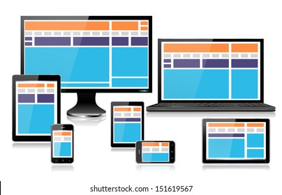 Realistic mobile and computer devices with laptop, tablet in ipade style, mini tablet and smartphone showing fully responsive style web design EPS10 