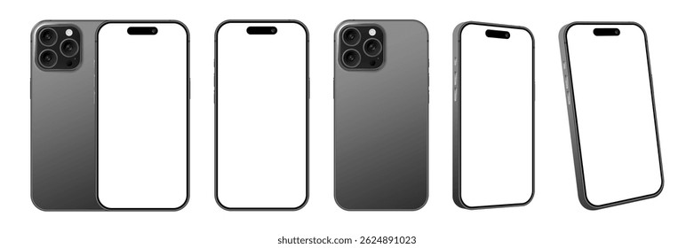 Realistic mobile phone 3d devices with blank display mockup set. Collection of smartphones with front, back and side angle for advertisement. Vector illustration