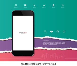 Realistic mobile phone with abstract ripped paper background. Vector illustration.