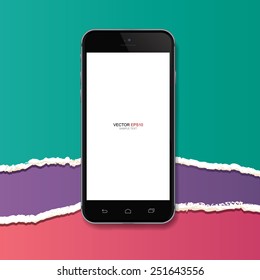 Realistic mobile phone with abstract ripped paper background. Vector illustration.