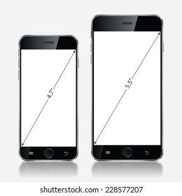 Realistic mobile phone, black mobiles phones with blank screen, mobile phone isolated. Modern mobile phone, concept smartphone, mobile phone devices with digital display. Vector mobile illustration