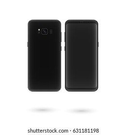 Realistic mobile phone black,rear view with a blank screen and shadow on white background, vector illustration stylish web design EPS10