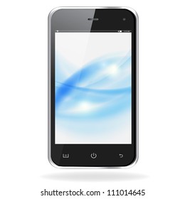 Realistic mobile phone with blue waves on screen isolated on white background. Vector eps10 illustration