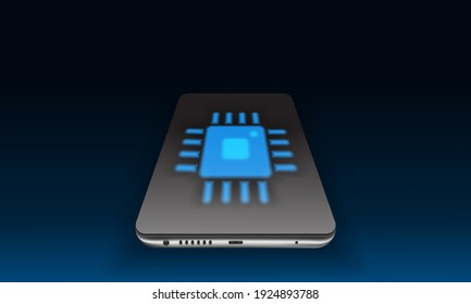 Realistic mobile phone with a chip on the screen. Glowing processor. Graphic technologies. CPU. GPU. Microchip. 3d model of a smartphone on a black background. Mockup. Vector