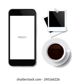 Realistic mobile phone and coffee cup with blank photo frame on white background. Vector illustration