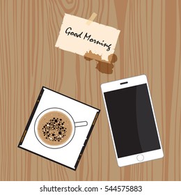 Realistic mobile phone with coffee cup photo frame on wooden background. Vector illustration.