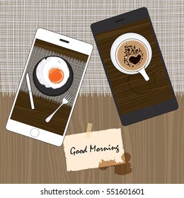 Realistic mobile phone with fried egg and coffee cup on wooden background. Vector illustration.