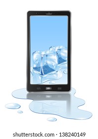 Realistic mobile phone with ice cube and water, isolated on white background, illustration.