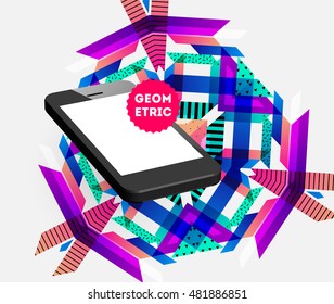 Realistic Mobile Phone Icon with trendy geometric Background - Vector Illustration