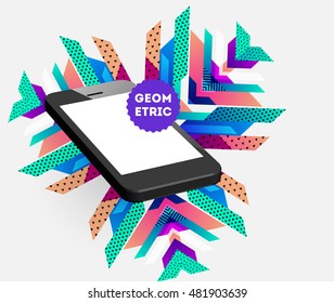 Realistic Mobile Phone Icon with trendy geometric Background - Vector Illustration