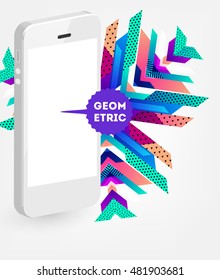 Realistic Mobile Phone Icon with trendy geometric Background - Vector Illustration