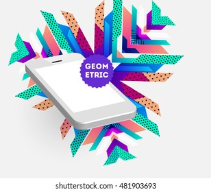 Realistic Mobile Phone Icon with trendy geometric Background - Vector Illustration