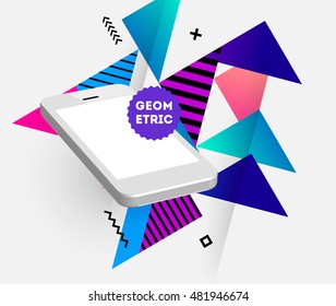 Realistic Mobile Phone Icon with trendy geometric Background - Vector Illustration