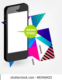Realistic Mobile Phone Icon with trendy geometric Background - Vector Illustration