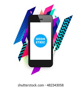 Realistic Mobile Phone Icon with Trendy Geometric Background - Vector Illustration