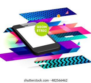 Realistic Mobile Phone Icon with Trendy Geometric Background - Vector Illustration
