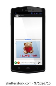 Realistic mobile phone with a love message on the screen. Vector smartphone with the inscription on the screen - I love you. MMS in phone - teddy bear holding a red heart on the word of love.
