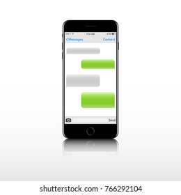 Realistic mobile phone with message text box screen chat bubble. Empty messaging bubles. Set smartphone conversation dialog.