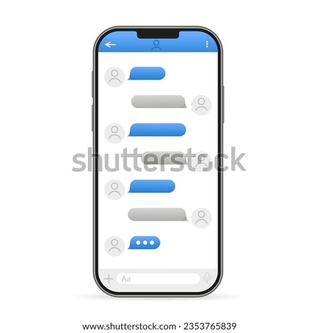 Realistic mobile phone with messaging interface. Space for text and dialogue. Chat box message bubbles vector icon template. Messages for messenger chat for website. Vector illustration