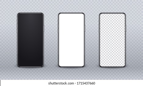 Realistic Mobile Phone Mockup. Device Set With Modern Thin Frame And Blank Screen On Transparent Backgtound. 3d Smartphone Mockup For Show Your App Design. Front View Of Cellular Display.