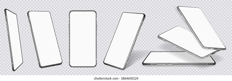 Realistic Mobile Phone Mockups In Different Angles And White Blank Screen. 3D Mockups Frontal, Isometric, Perspective And Rotated Position. UI,UX Smartphones Template. Isolated Cell Phone, Vector Set