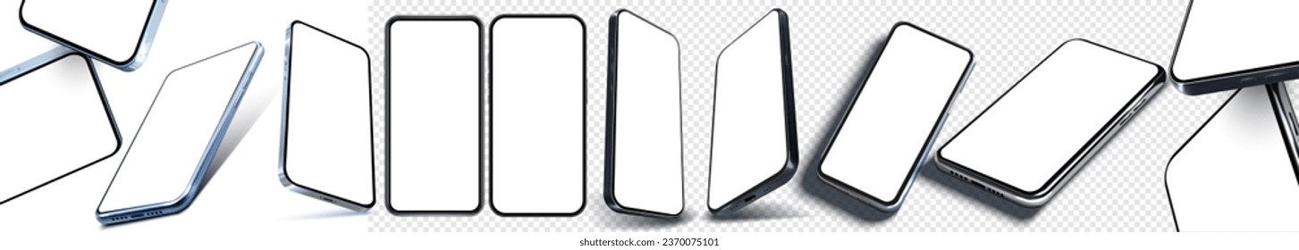 Realistic mobile phone mockups in different angles and white blank screen. Smartphone mockup white screen 3D frontal, isometric, perspective and different angles views isolated on white background.