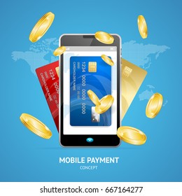 Realistic Mobile Phone Payment Concept with Credit Plastic Card and Golden Coins Technology Internet Commerce Shopping. Vector illustration