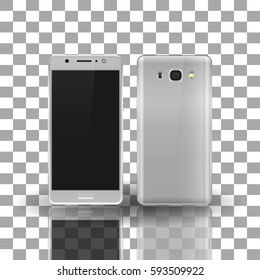 Realistic mobile phone, rear view camera, gray, black blank screen, isolated with a mirror image on the background, vector illustration, stylish web design